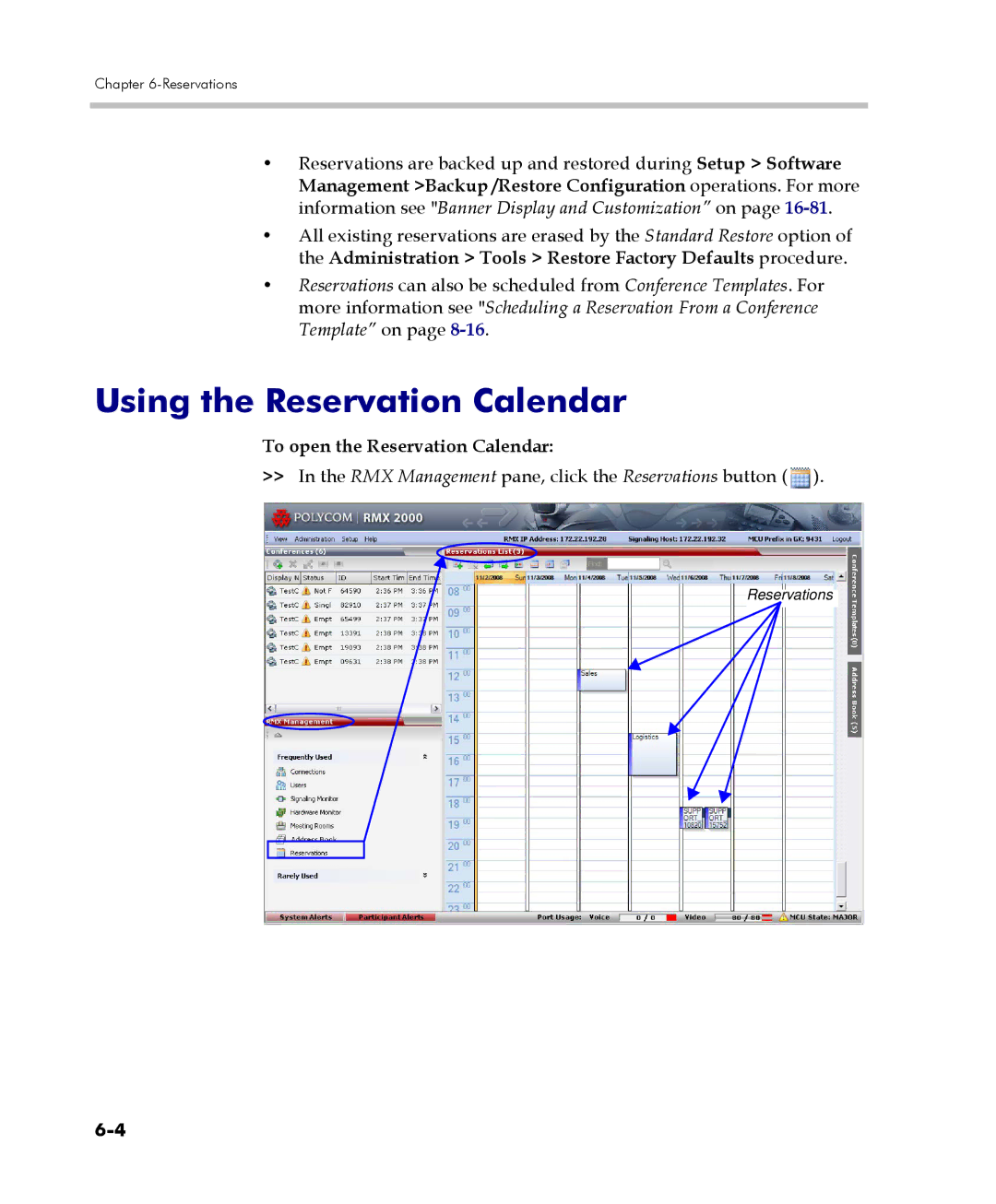 Polycom 2000/4000 manual Using the Reservation Calendar, To open the Reservation Calendar 