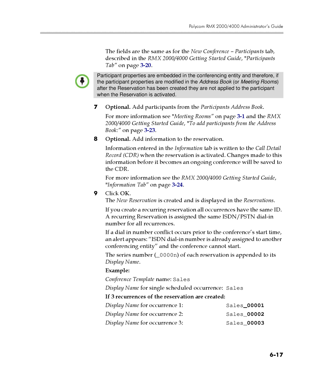 Polycom 2000/4000 manual Example, Conference Template name Sales, Display Name for single scheduled occurrence Sales 