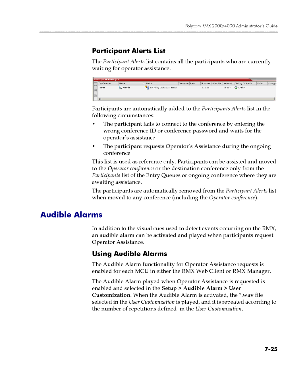 Polycom 2000/4000 manual Participant Alerts List, Using Audible Alarms 