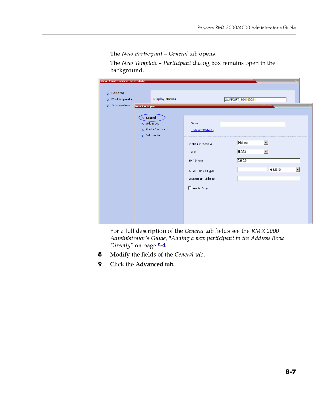 Polycom 2000/4000 manual New Participant General tab opens 