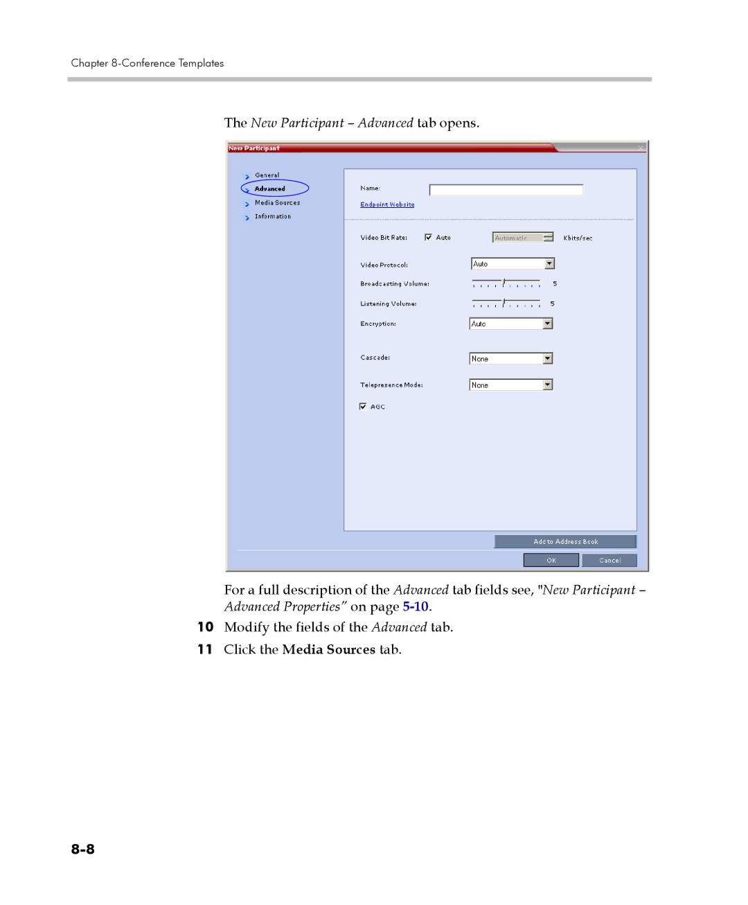 Polycom 2000/4000 manual New Participant Advanced tab opens 