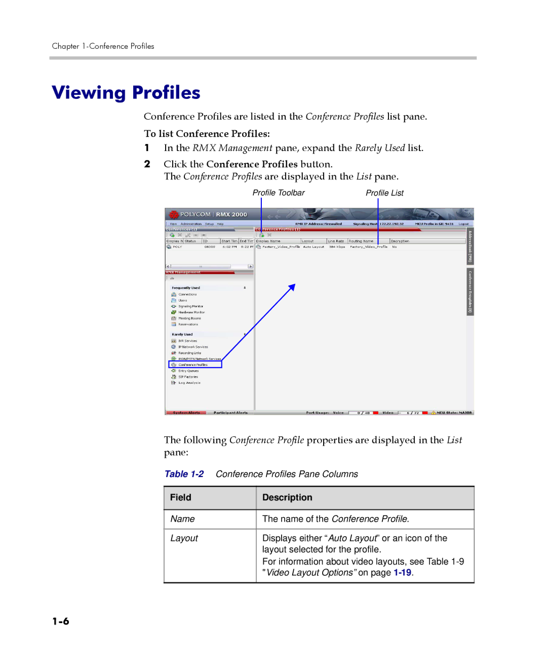 Polycom 2000/4000 manual Viewing Profiles, To list Conference Profiles, RMX Management pane, expand the Rarely Used list 