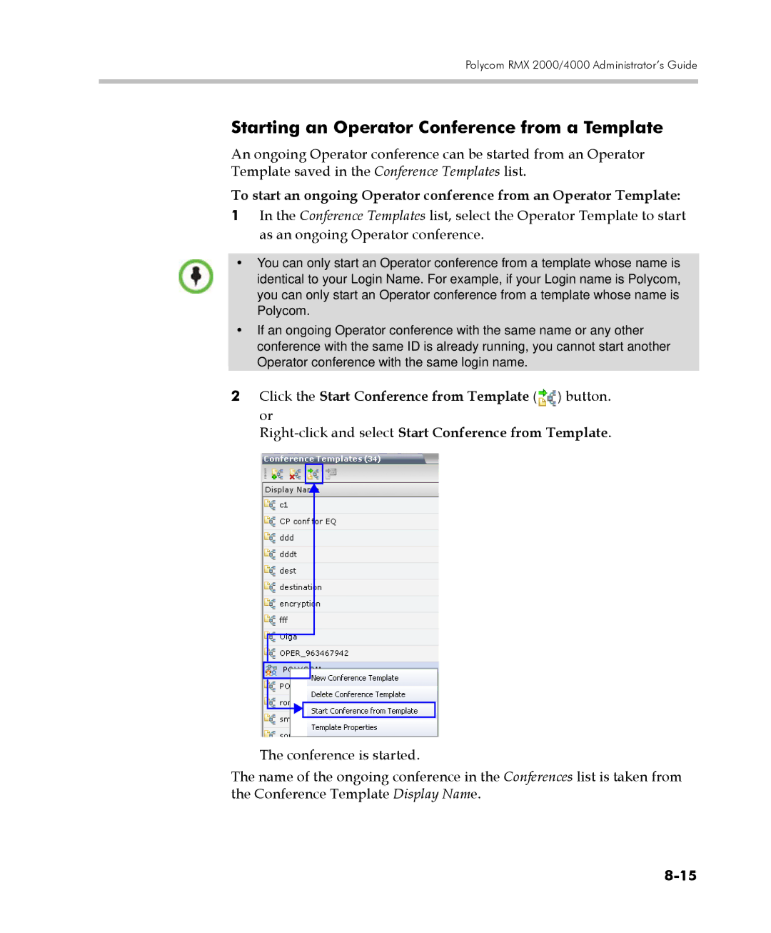 Polycom 2000/4000 manual Starting an Operator Conference from a Template 