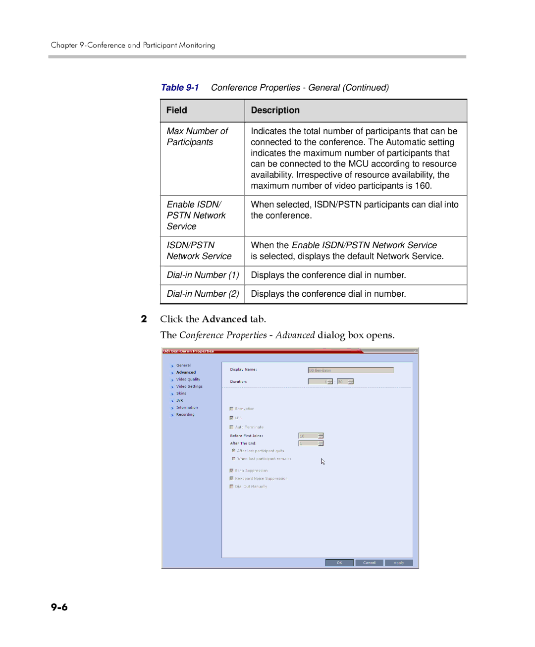 Polycom 2000/4000 manual Conference Properties Advanced dialog box opens, Isdn/Pstn 