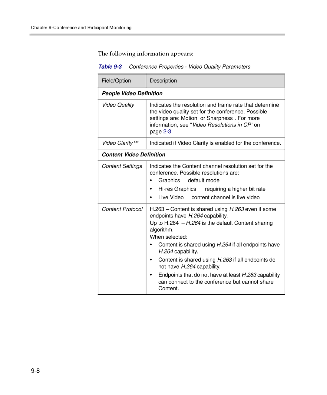 Polycom 2000/4000 manual Following information appears, People Video Definition 