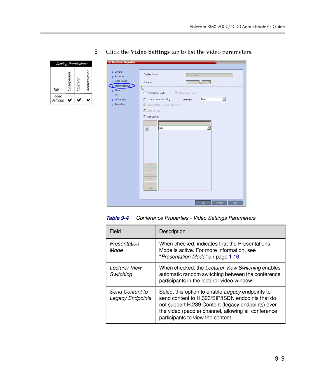 Polycom 2000/4000 manual Click the Video Settings tab to list the video parameters, Field Description 