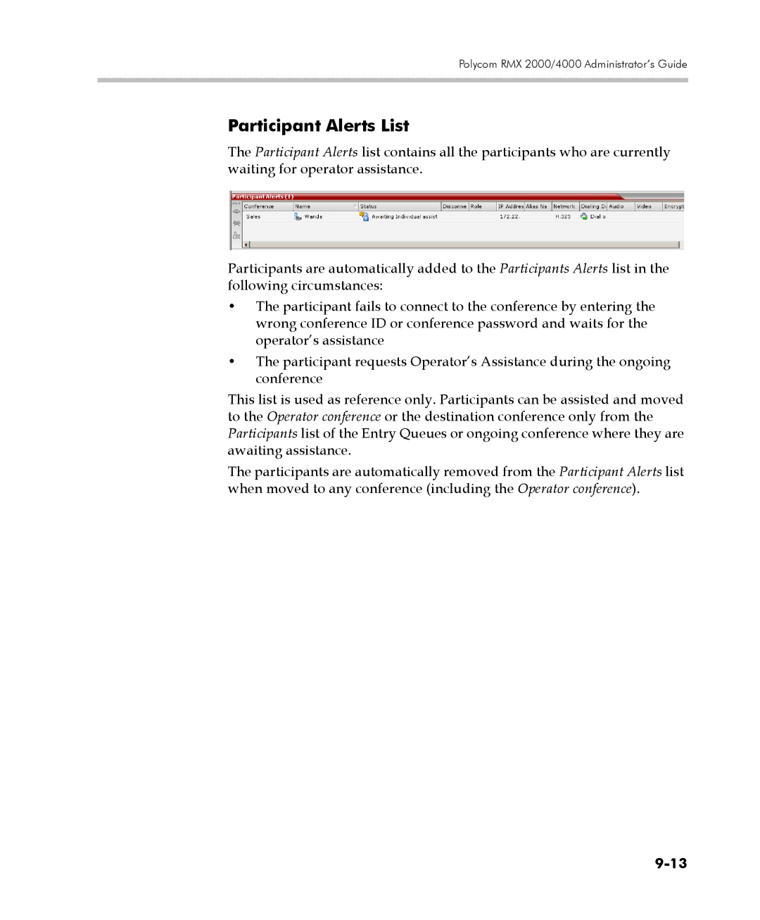 Polycom 2000/4000 manual Participant Alerts List 