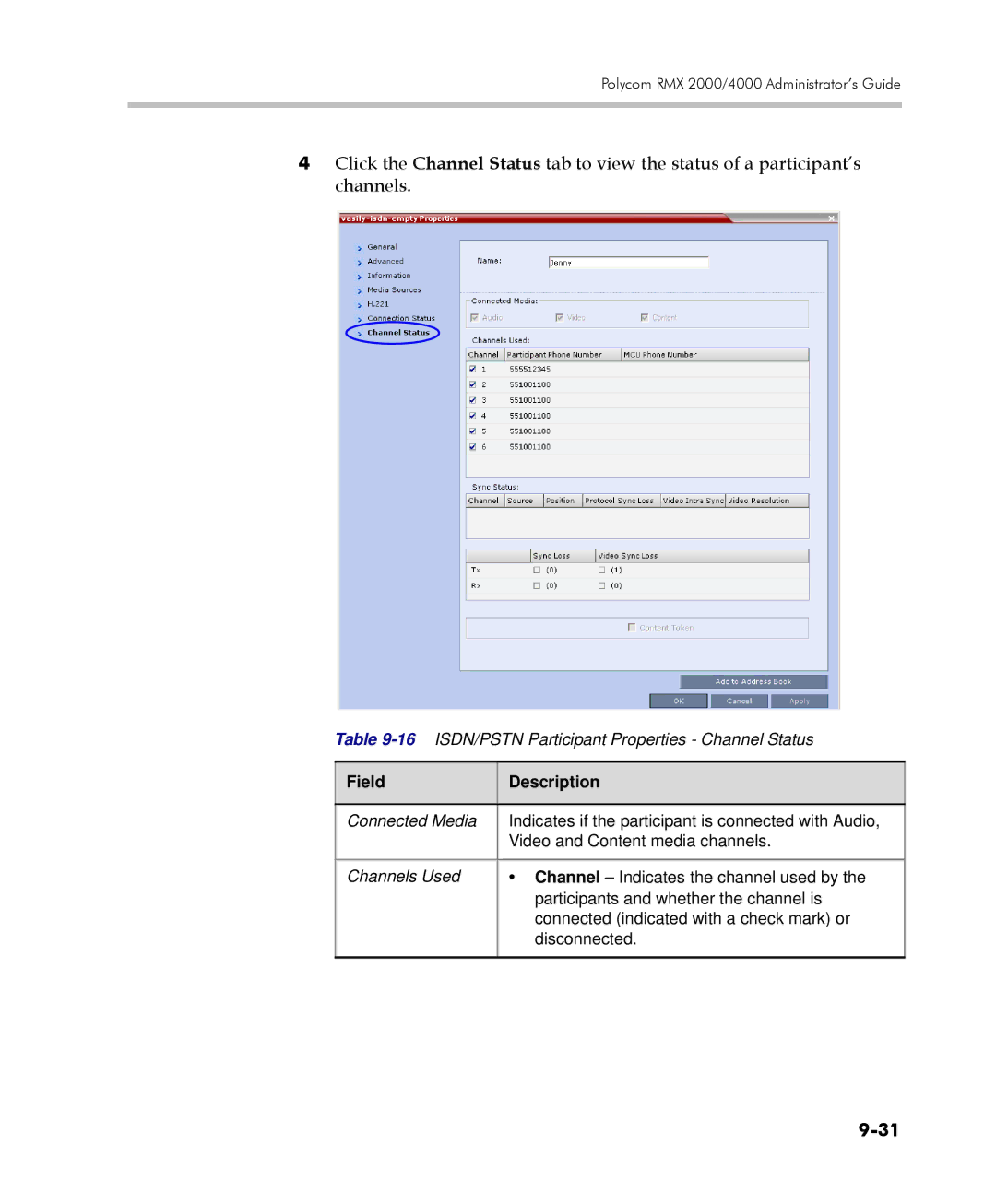 Polycom 2000/4000 manual 16ISDN/PSTN Participant Properties Channel Status 