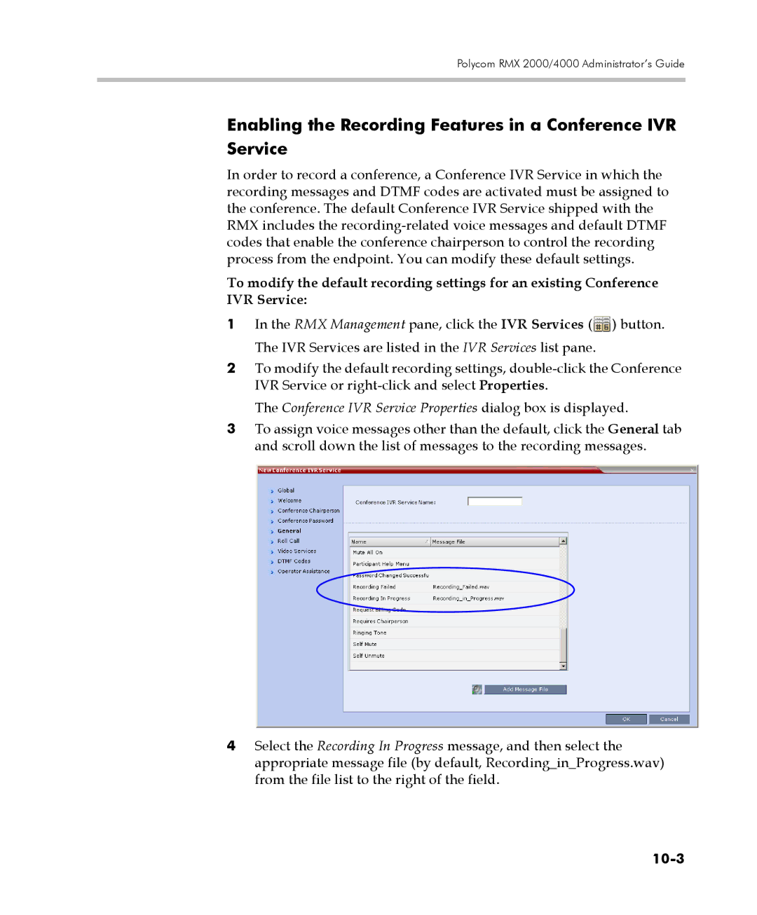 Polycom 2000/4000 manual Enabling the Recording Features in a Conference IVR Service, 10-3 