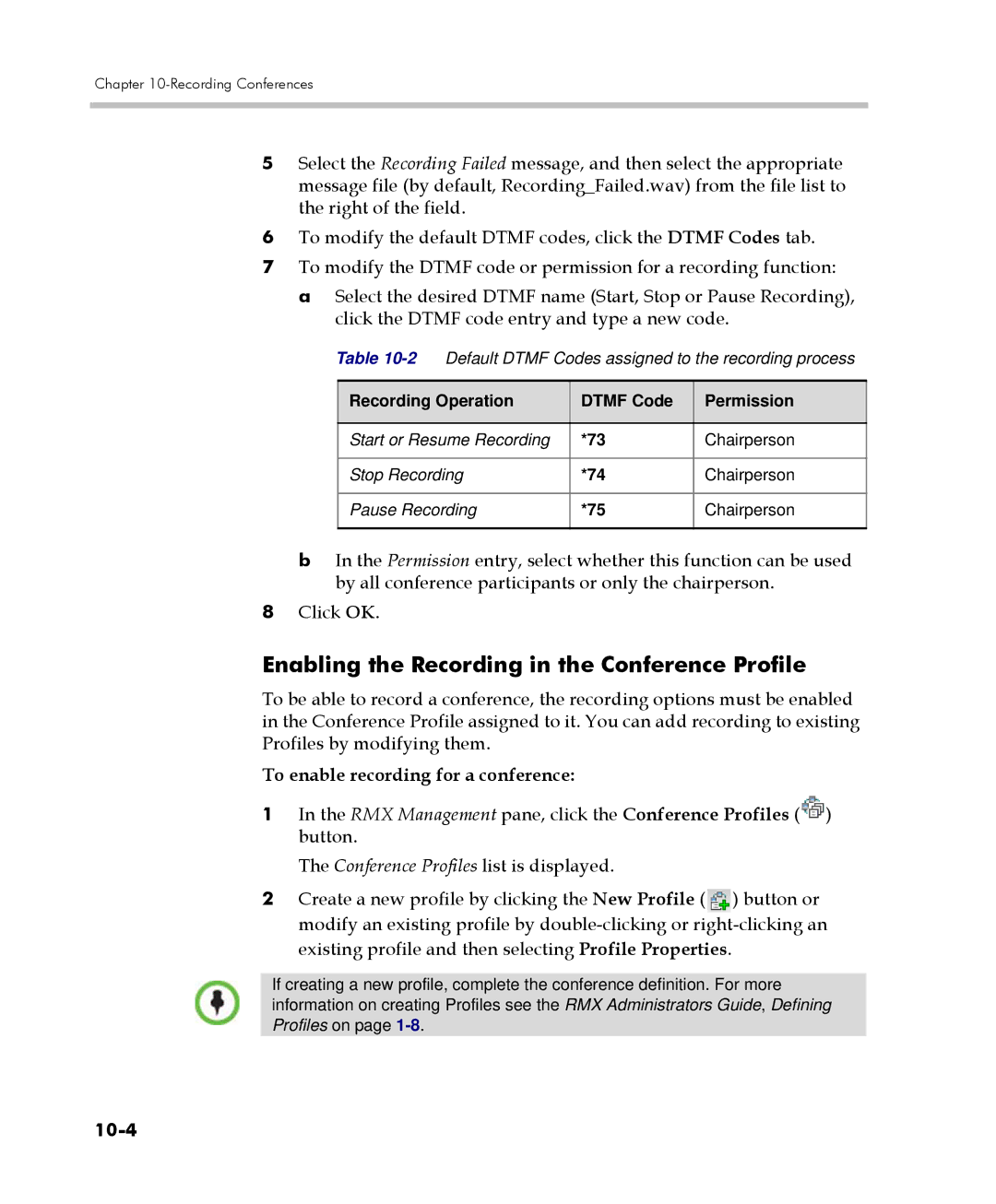 Polycom 2000/4000 manual Enabling the Recording in the Conference Profile, To enable recording for a conference, 10-4 