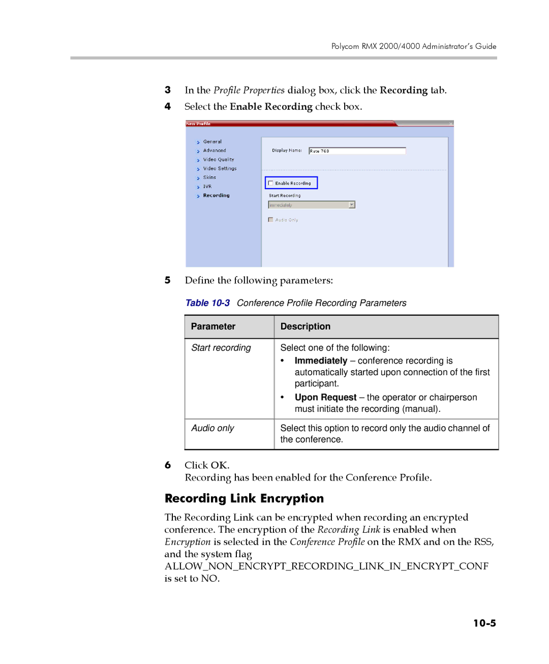 Polycom 2000/4000 manual Recording Link Encryption, 10-5 