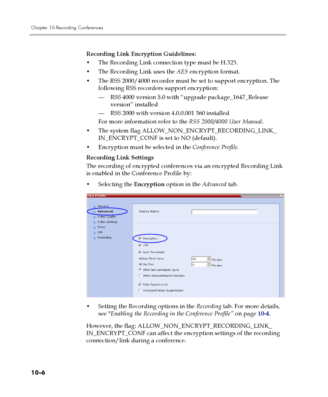 Polycom 2000/4000 manual Recording Link Encryption Guidelines, Recording Link Settings, 10-6 