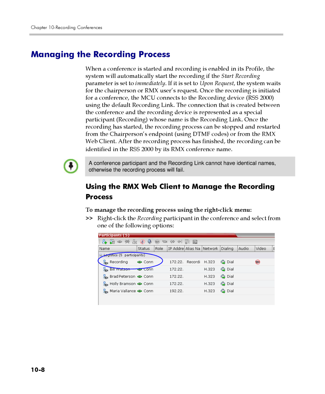 Polycom 2000/4000 manual Managing the Recording Process, Using the RMX Web Client to Manage the Recording Process, 10-8 