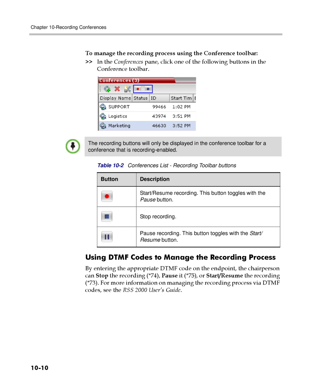 Polycom 2000/4000 manual Using Dtmf Codes to Manage the Recording Process, 10-10 