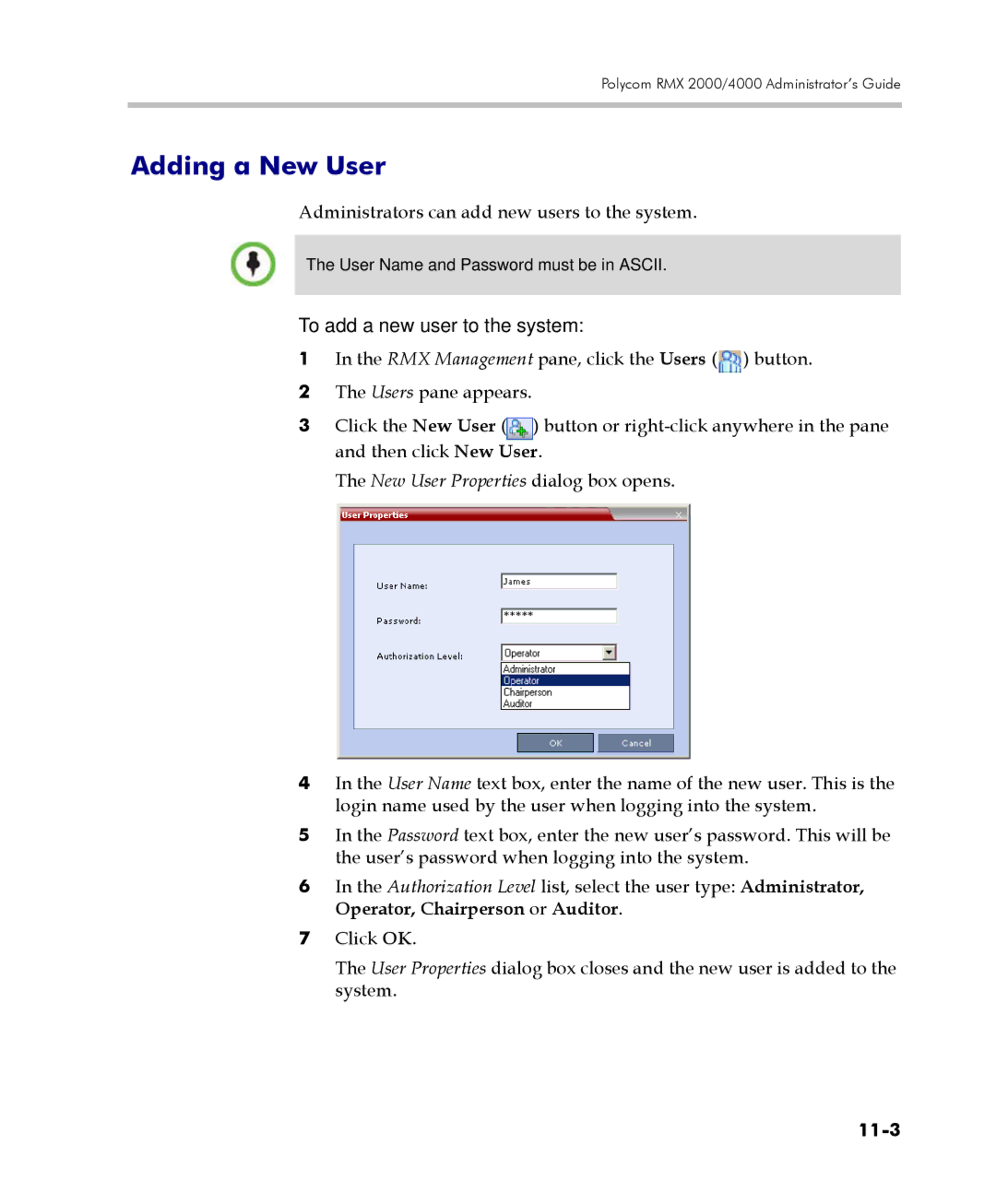 Polycom 2000/4000 manual Adding a New User, Administrators can add new users to the system, 11-3 