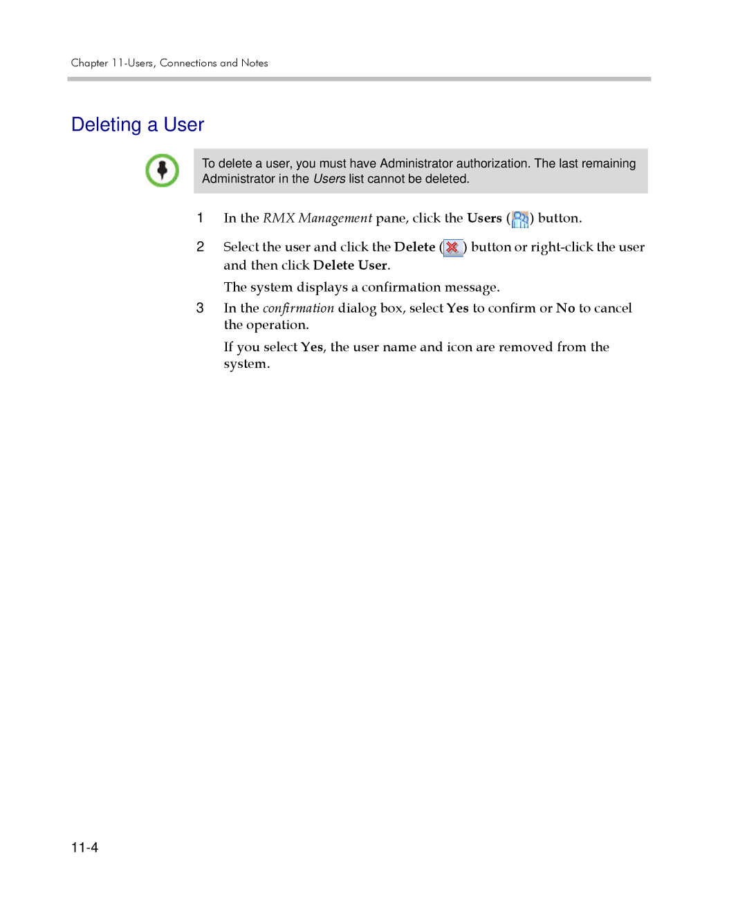 Polycom 2000/4000 manual Deleting a User, 11-4 