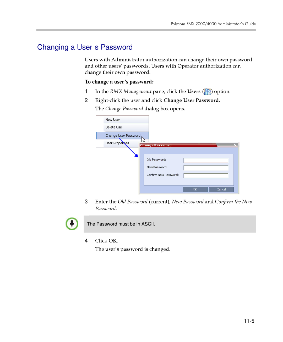 Polycom 2000/4000 manual Changing a User’s Password, Click OK User’s password is changed, 11-5 