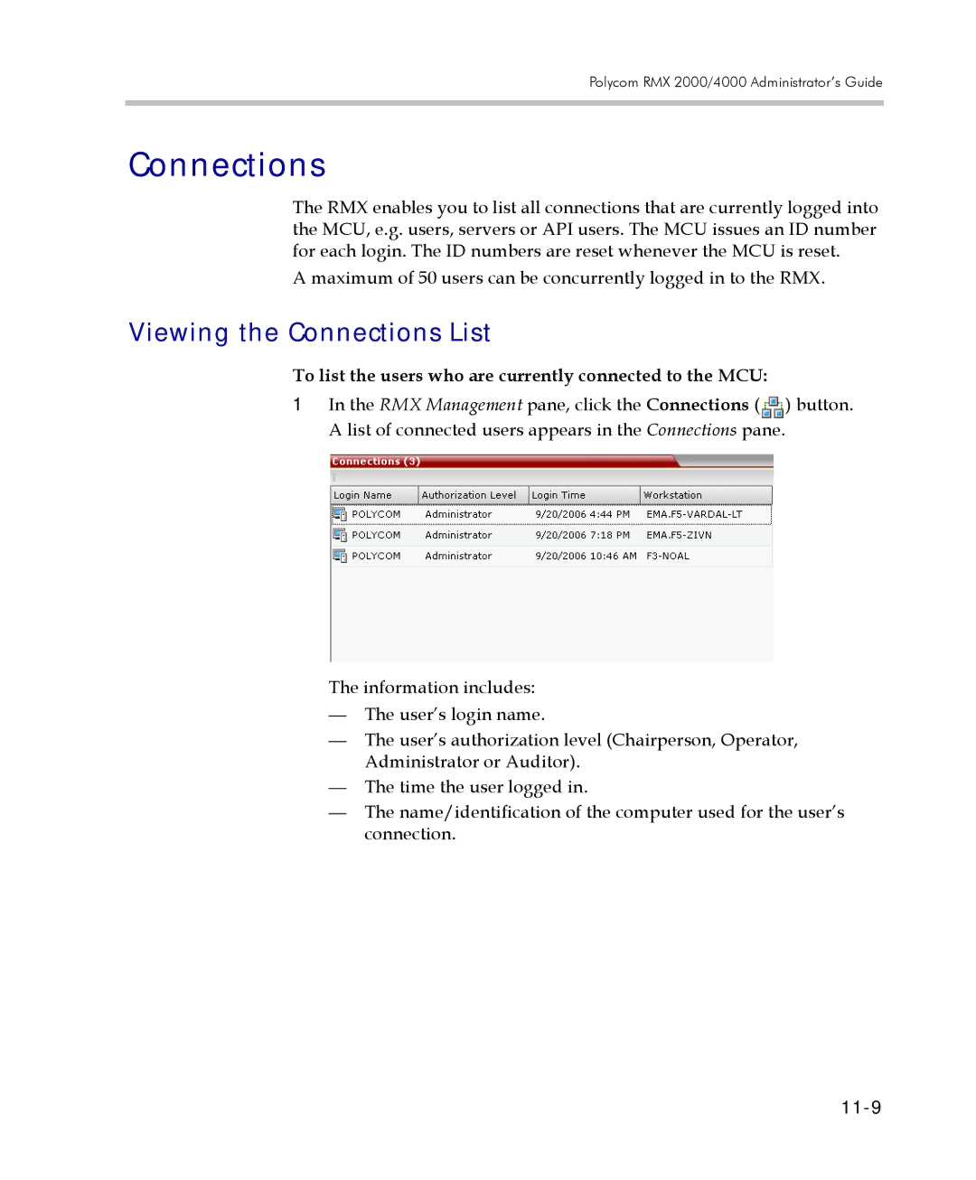 Polycom 2000/4000 manual Viewing the Connections List, To list the users who are currently connected to the MCU, 11-9 