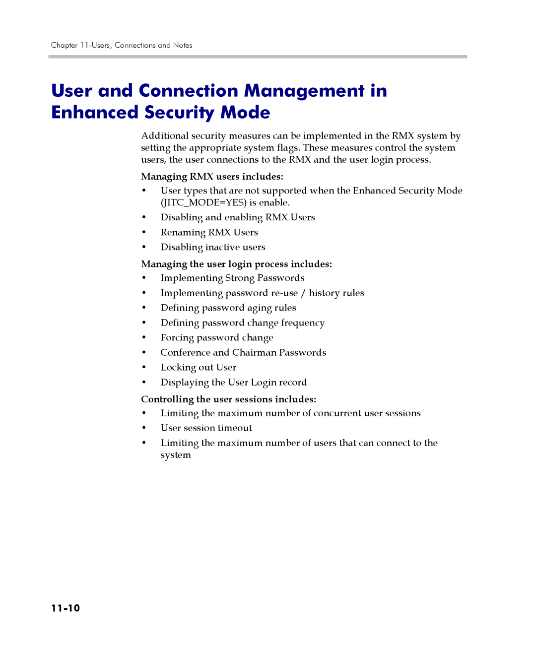 Polycom 2000/4000 manual User and Connection Management in Enhanced Security Mode, Managing RMX users includes, 11-10 