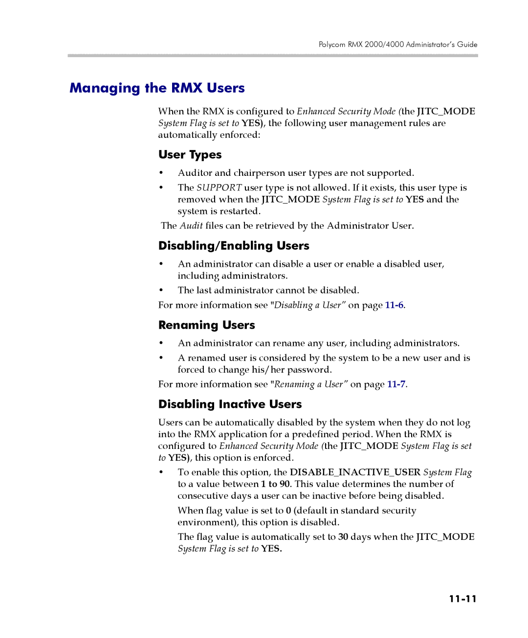 Polycom 2000/4000 Managing the RMX Users, User Types, Disabling/Enabling Users, Renaming Users, Disabling Inactive Users 