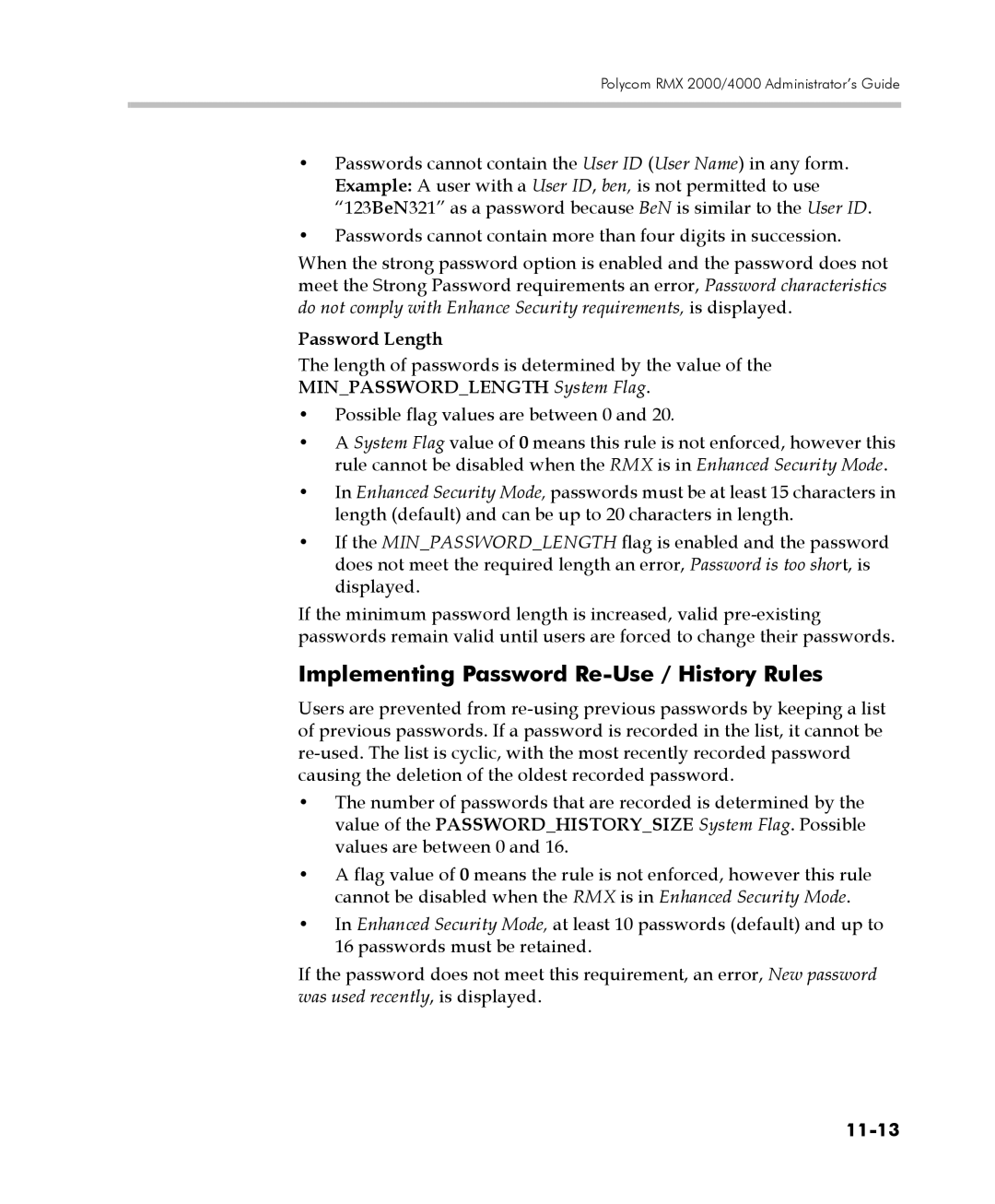 Polycom 2000/4000 manual Implementing Password Re-Use / History Rules, Password Length, 11-13 