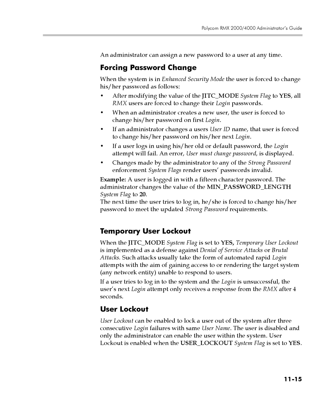 Polycom 2000/4000 manual Forcing Password Change, Temporary User Lockout, 11-15 