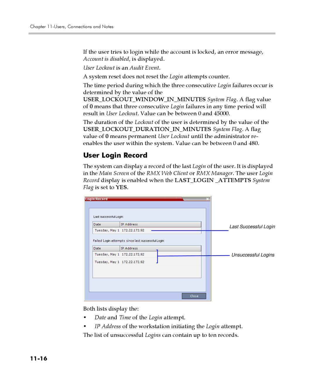 Polycom 2000/4000 manual User Login Record, User Lockout is an Audit Event, 11-16 