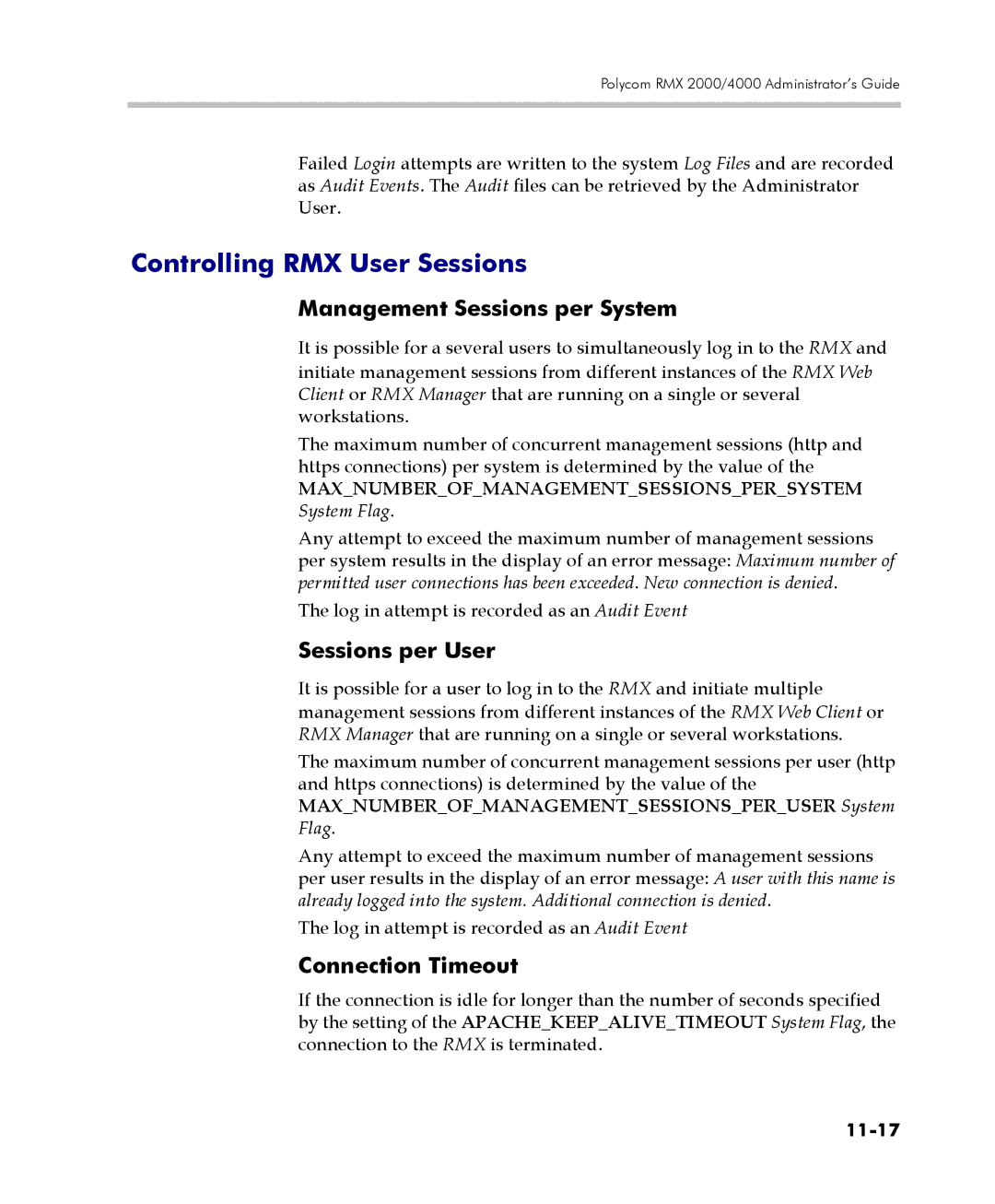 Polycom 2000/4000 Controlling RMX User Sessions, Management Sessions per System, Sessions per User, Connection Timeout 