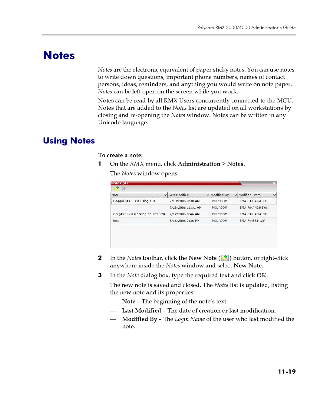 Polycom 2000/4000 manual Using Notes, To create a note, 11-19 