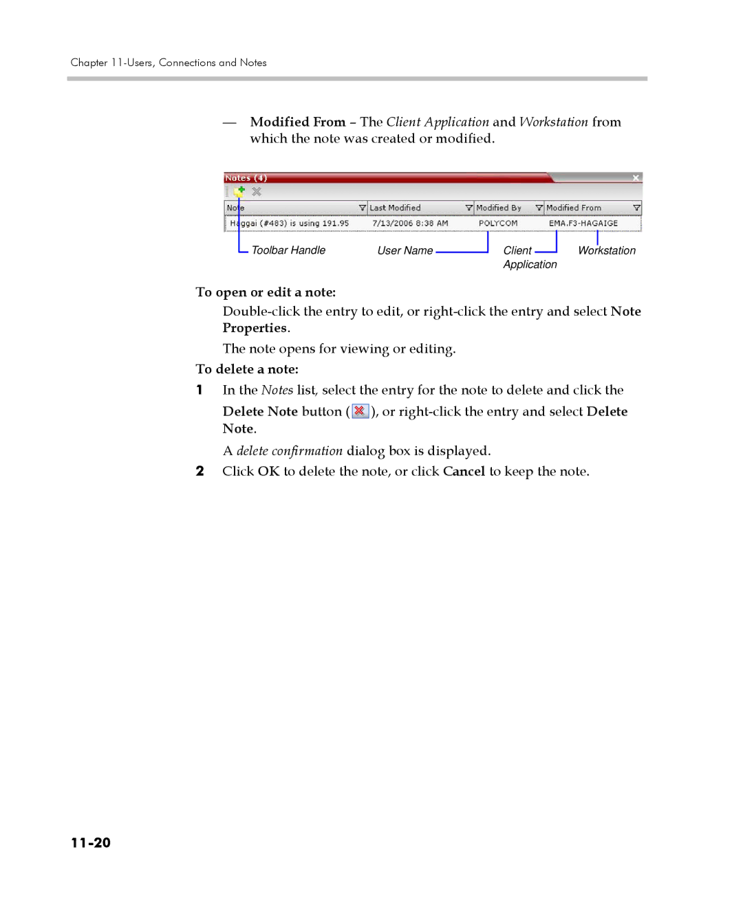 Polycom 2000/4000 manual To open or edit a note, To delete a note, 11-20 