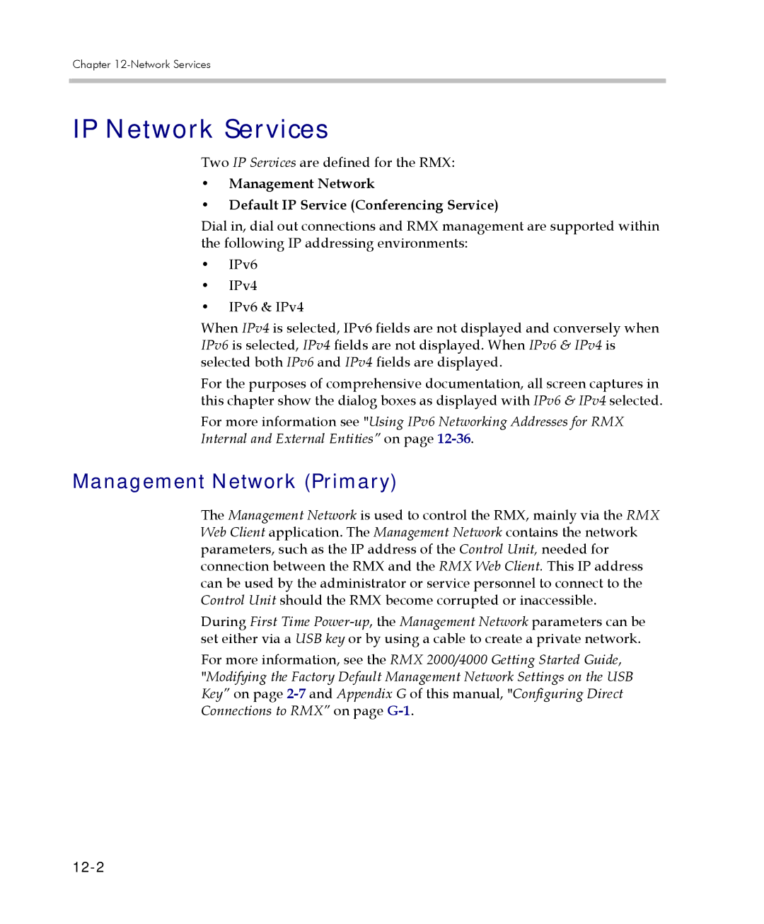 Polycom 2000/4000 manual IP Network Services, Management Network Primary, Two IP Services are defined for the RMX, 12-2 