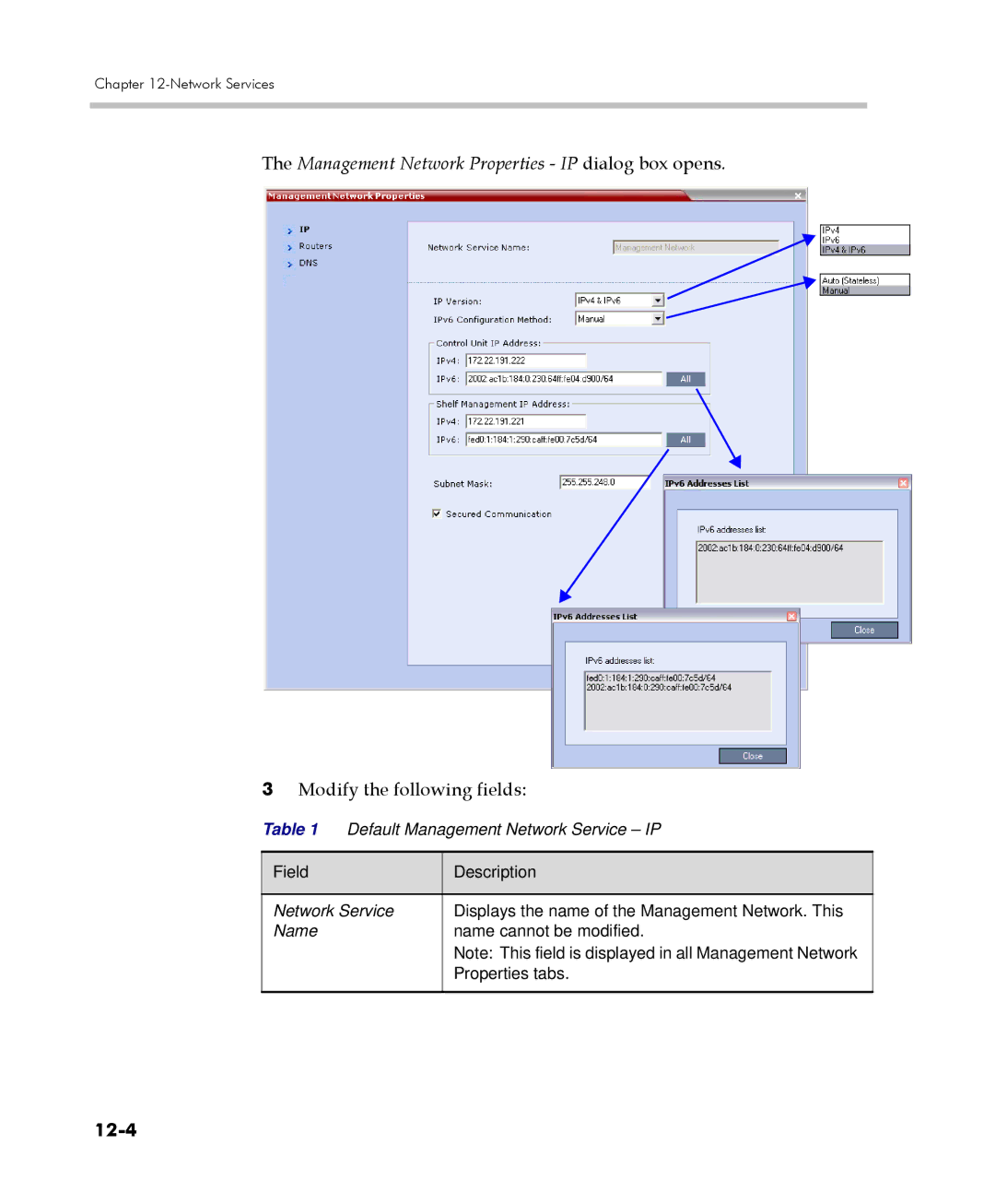 Polycom 2000/4000 manual Management Network Properties IP dialog box opens, Modify the following fields, 12-4 