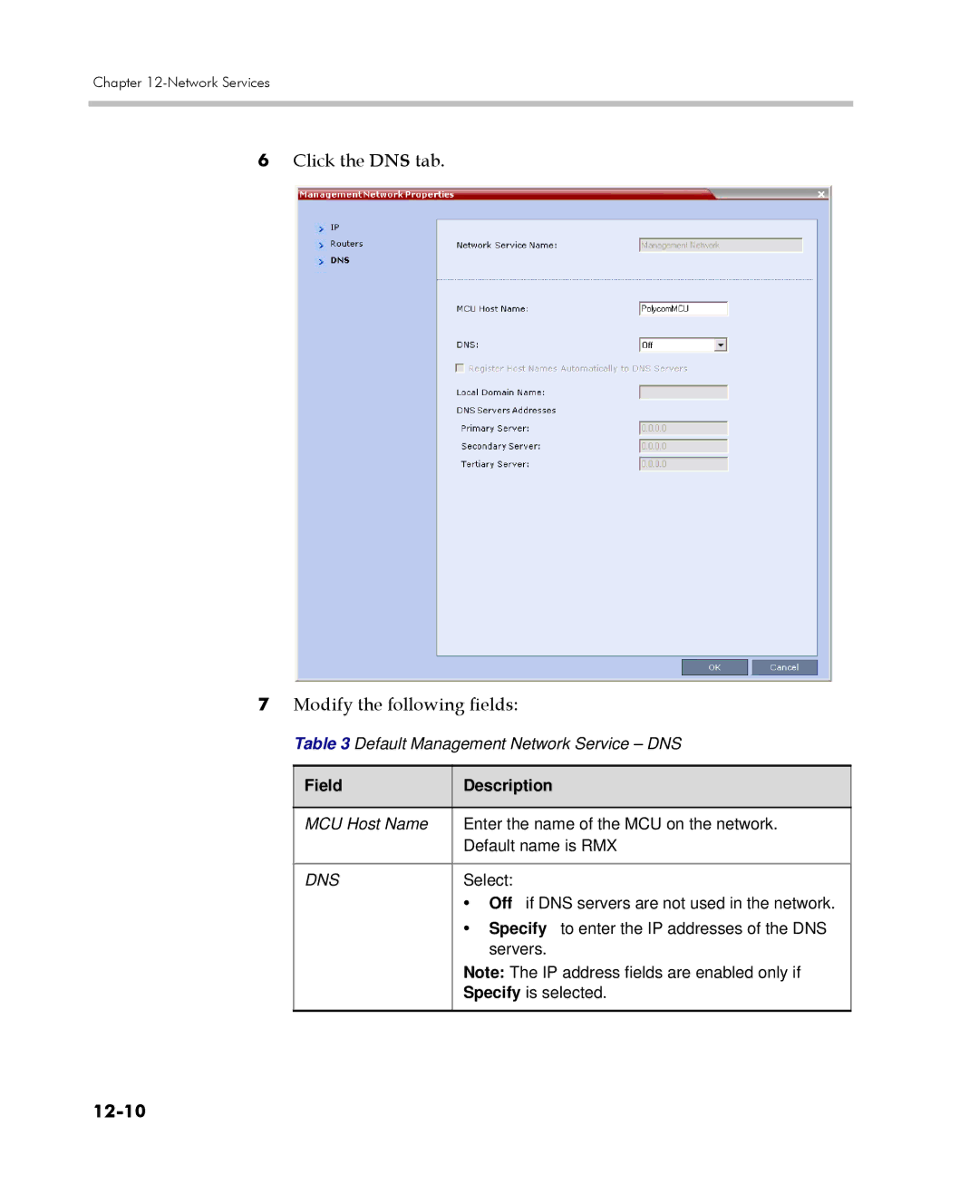 Polycom 2000/4000 manual Click the DNS tab Modify the following fields, 12-10, Dns 