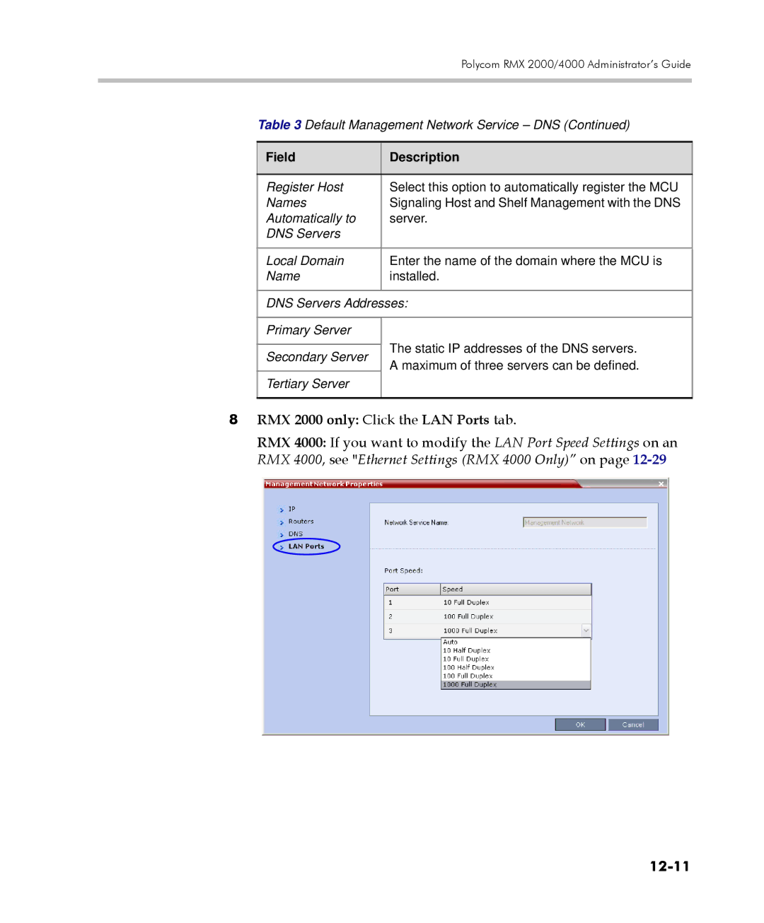 Polycom 2000/4000 manual RMX 2000 only Click the LAN Ports tab, 12-11 