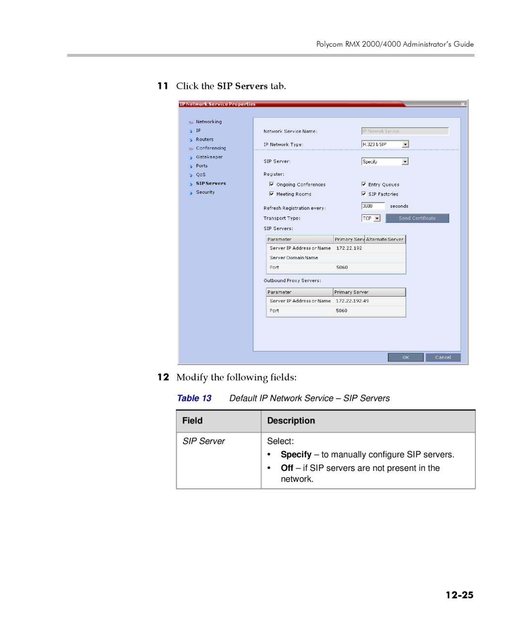 Polycom 2000/4000 manual Click the SIP Servers tab Modify the following fields, 12-25 