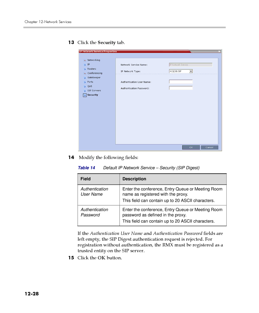 Polycom 2000/4000 manual Click the Security tab Modify the following fields, 12-28 