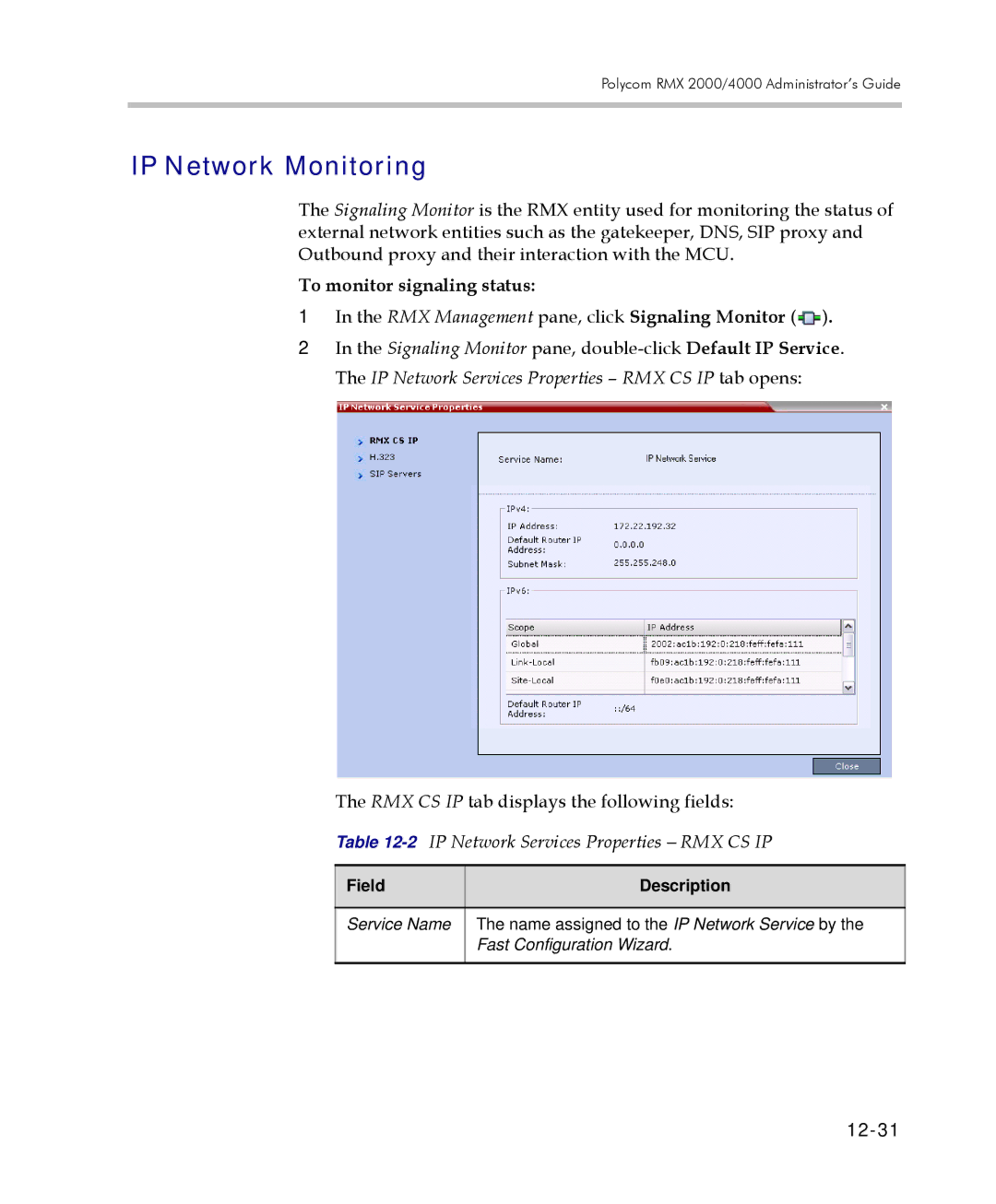 Polycom 2000/4000 IP Network Monitoring, To monitor signaling status, 2IP Network Services Properties RMX CS IP, 12-31 