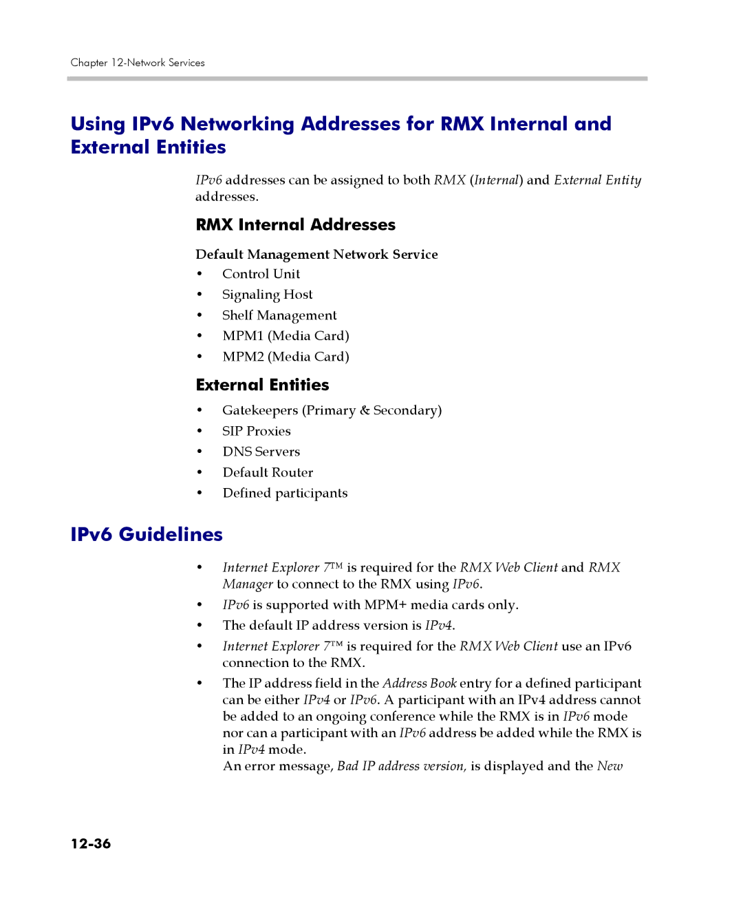 Polycom 2000/4000 IPv6 Guidelines, RMX Internal Addresses, External Entities, Default Management Network Service, 12-36 