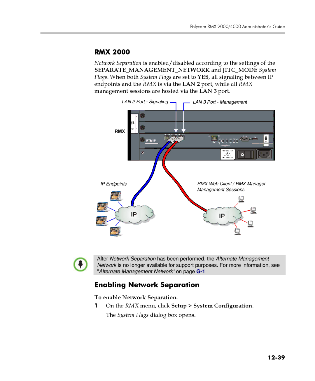 Polycom 2000/4000 manual Enabling Network Separation, To enable Network Separation, 12-39 