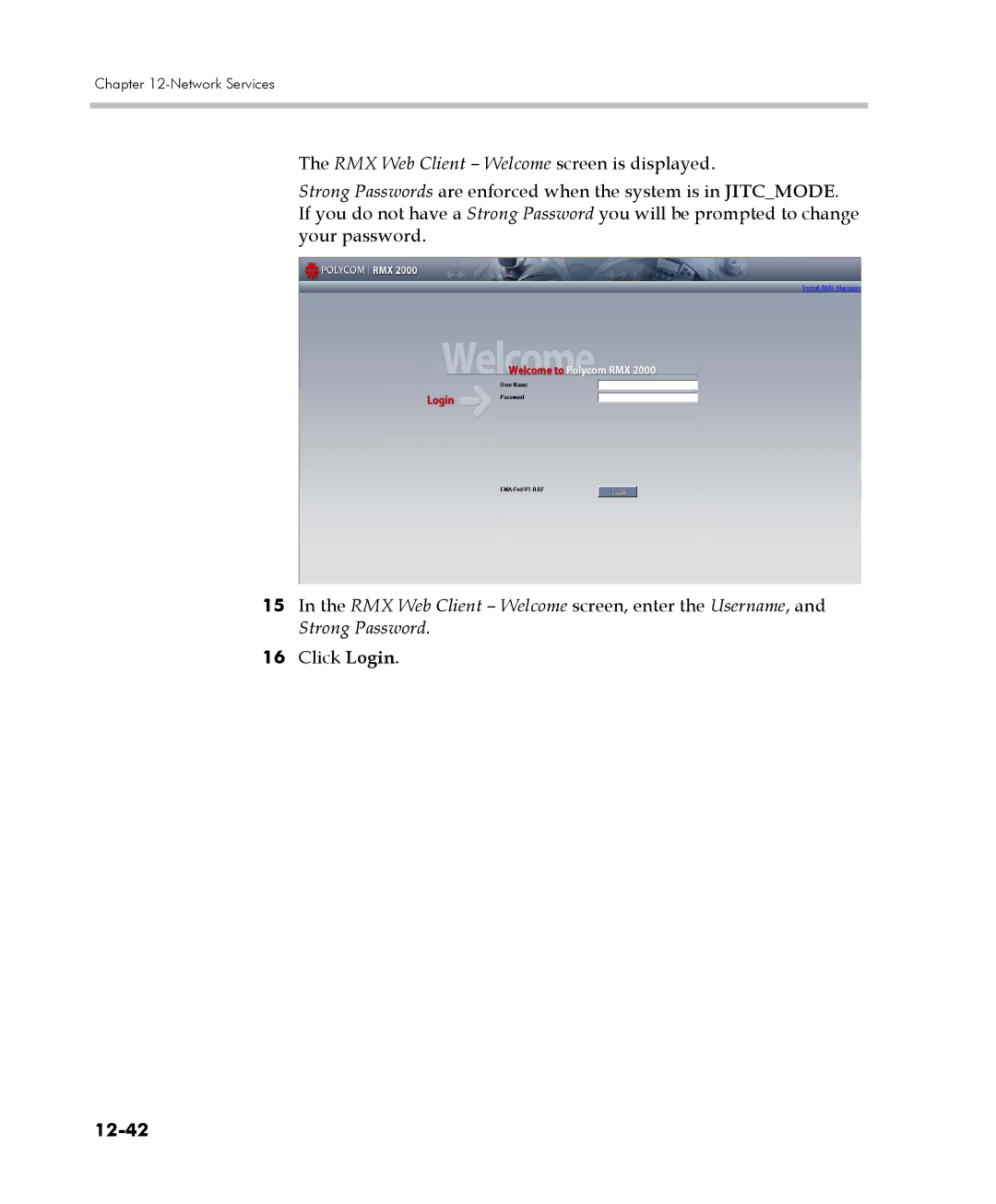Polycom 2000/4000 manual RMX Web Client Welcome screen is displayed, Click Login, 12-42 
