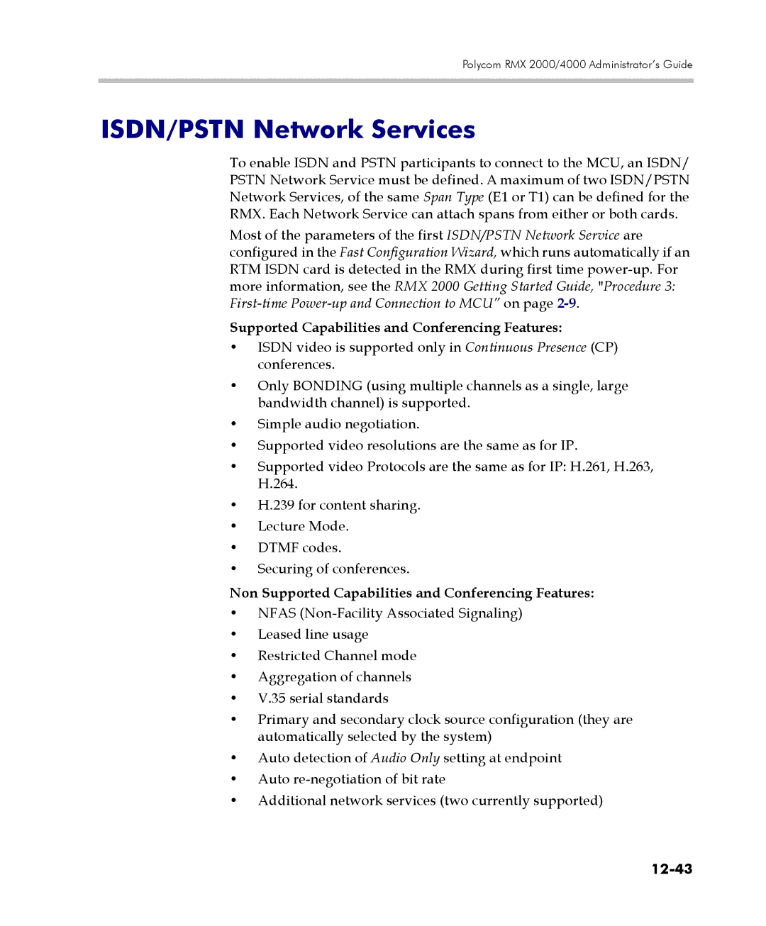 Polycom 2000/4000 manual ISDN/PSTN Network Services, Supported Capabilities and Conferencing Features, 12-43 