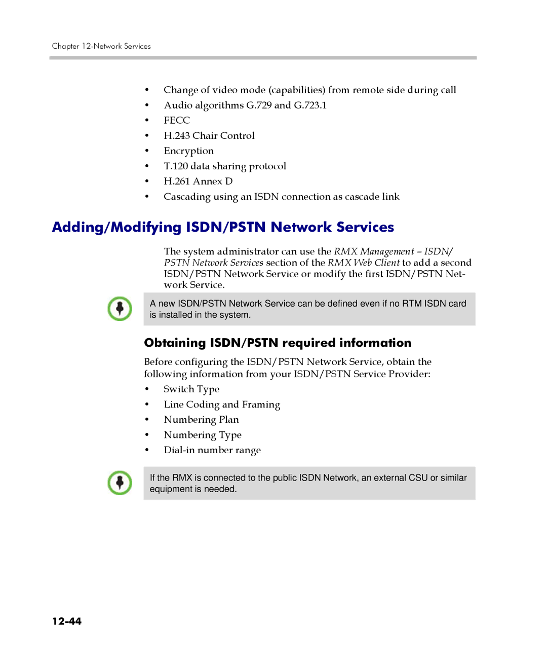 Polycom 2000/4000 manual Adding/Modifying ISDN/PSTN Network Services, Obtaining ISDN/PSTN required information, 12-44 