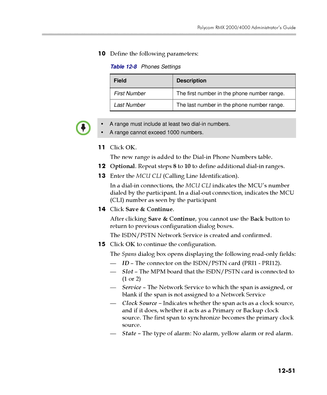 Polycom 2000/4000 manual Click Save & Continue, 12-51 