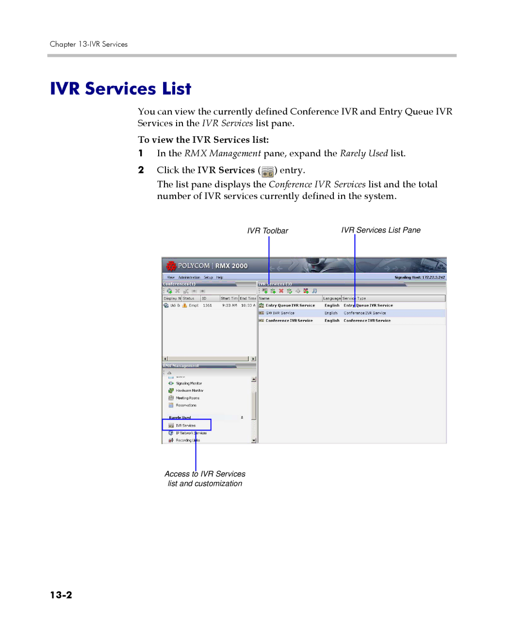 Polycom 2000/4000 manual IVR Services List, To view the IVR Services list, 13-2 