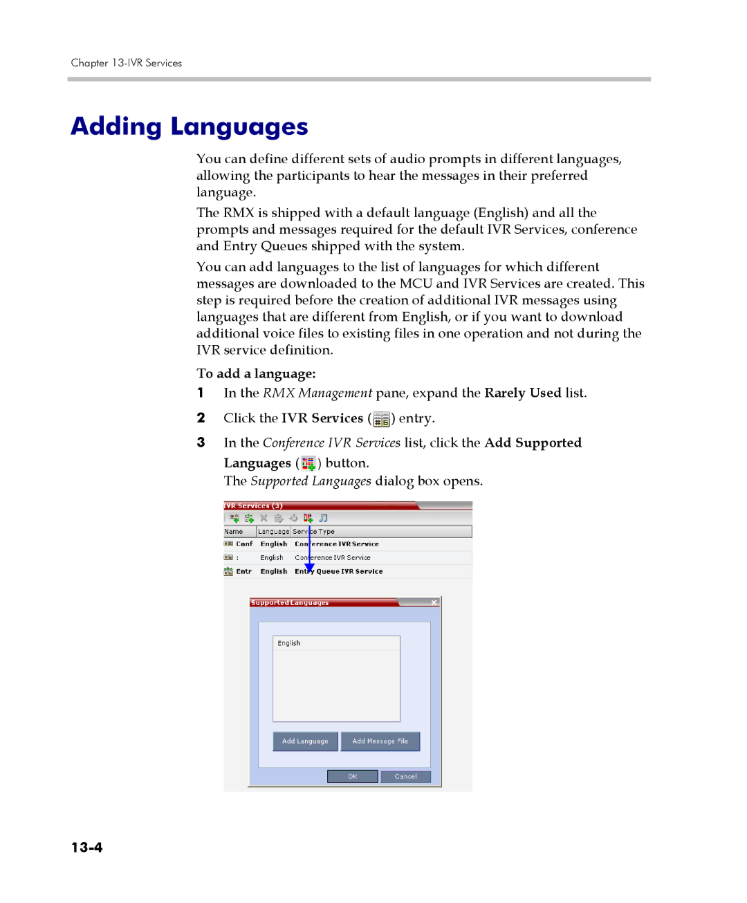 Polycom 2000/4000 manual Adding Languages, To add a language, Conference IVR Services list, click the Add Supported, 13-4 