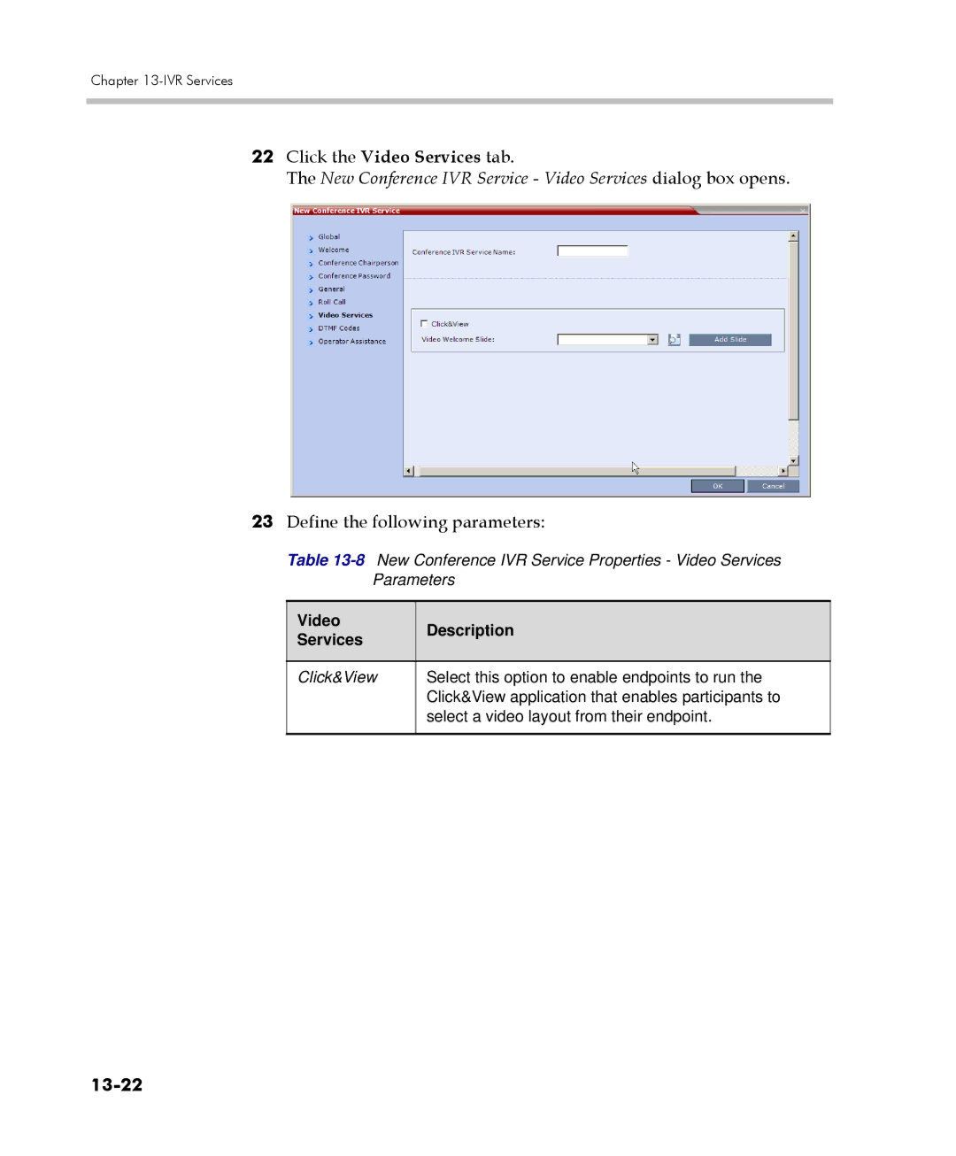 Polycom 2000/4000 manual 13-22, Video Description Services 