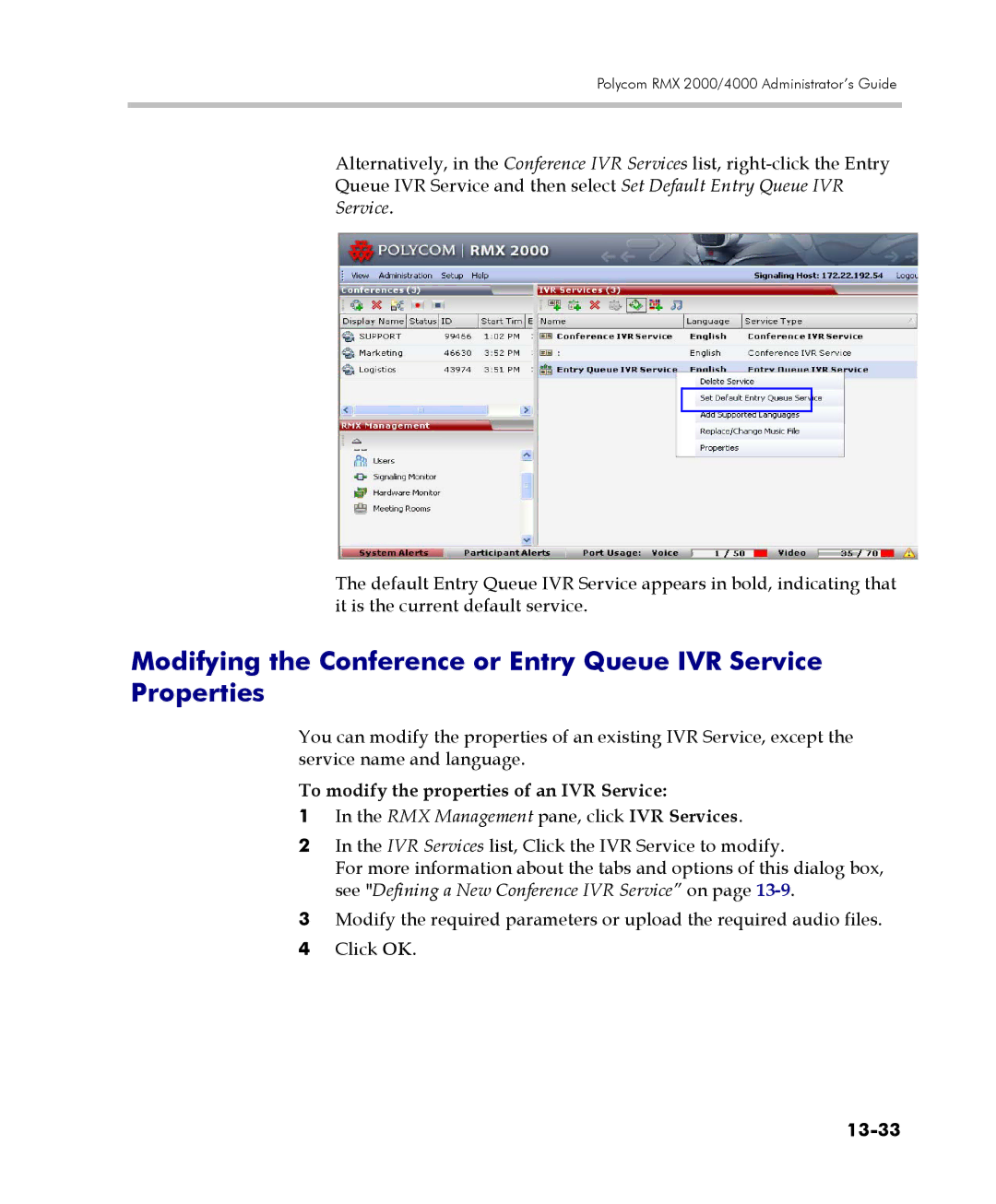 Polycom 2000/4000 manual To modify the properties of an IVR Service, 13-33 