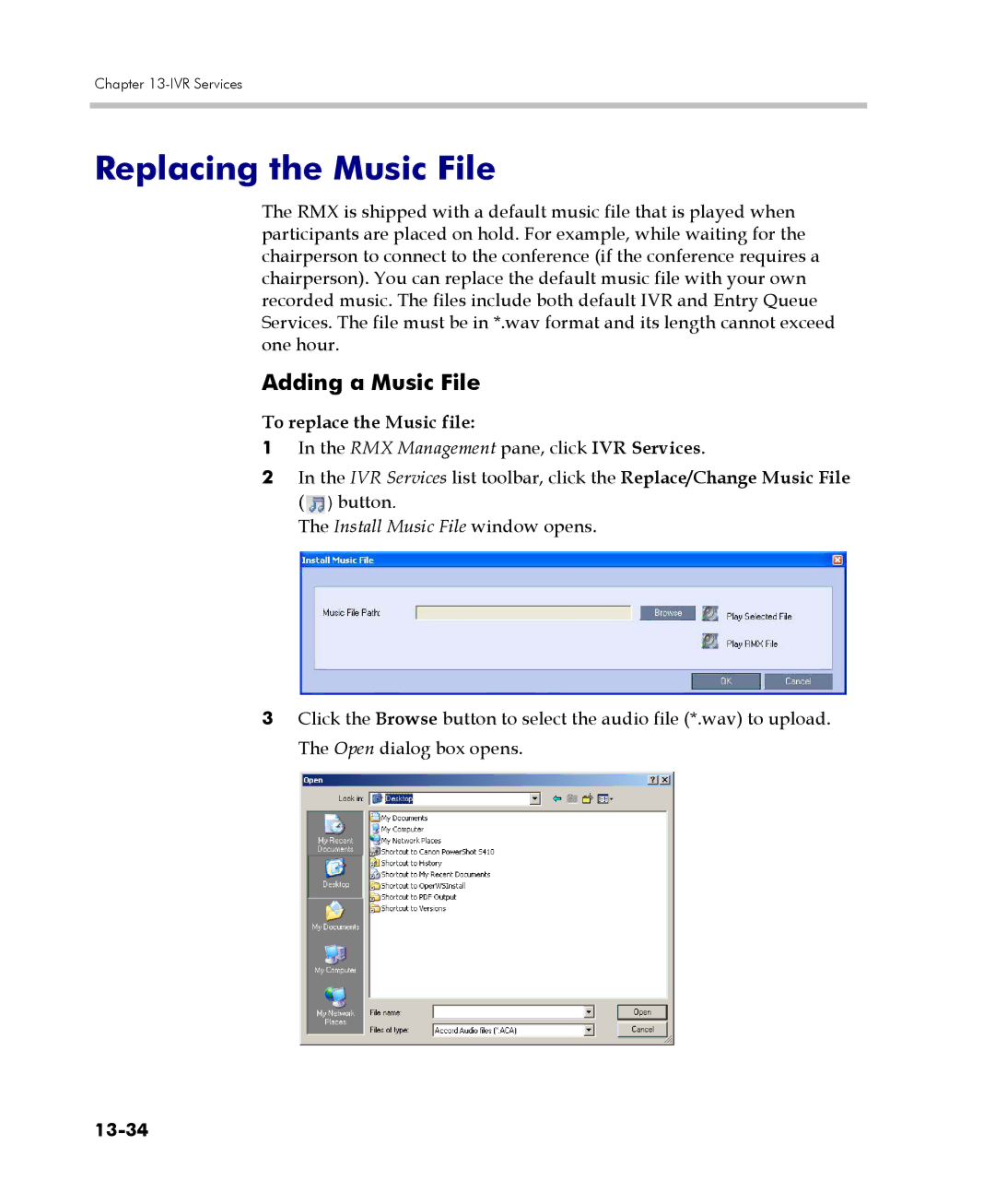 Polycom 2000/4000 manual Replacing the Music File, Adding a Music File, To replace the Music file, 13-34 