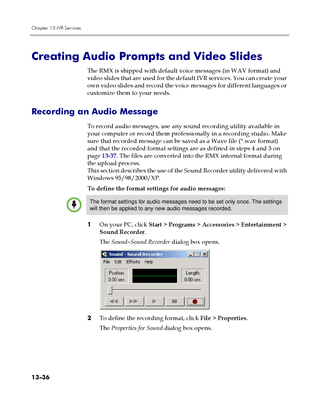 Polycom 2000/4000 manual Creating Audio Prompts and Video Slides, Recording an Audio Message, 13-36 