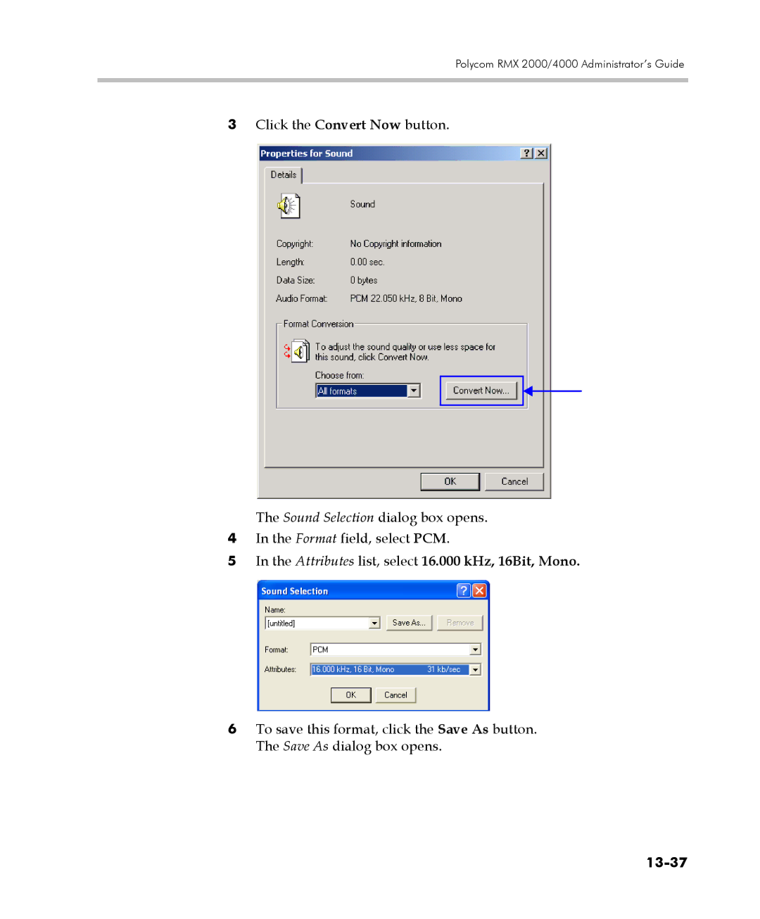 Polycom 2000/4000 manual Attributes list, select 16.000 kHz, 16Bit, Mono, 13-37 